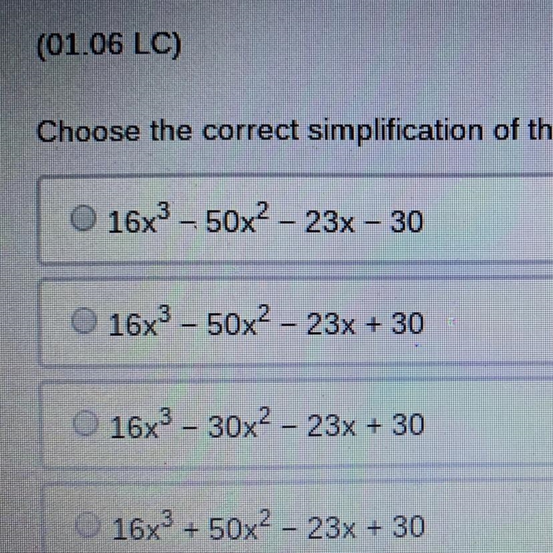 Choose the correct simplification of the expression (8x - 5)(2x - 5x - 6).-example-1