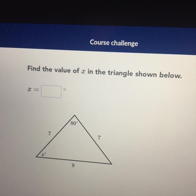 Find the value of x in the triangle shown below.-example-1