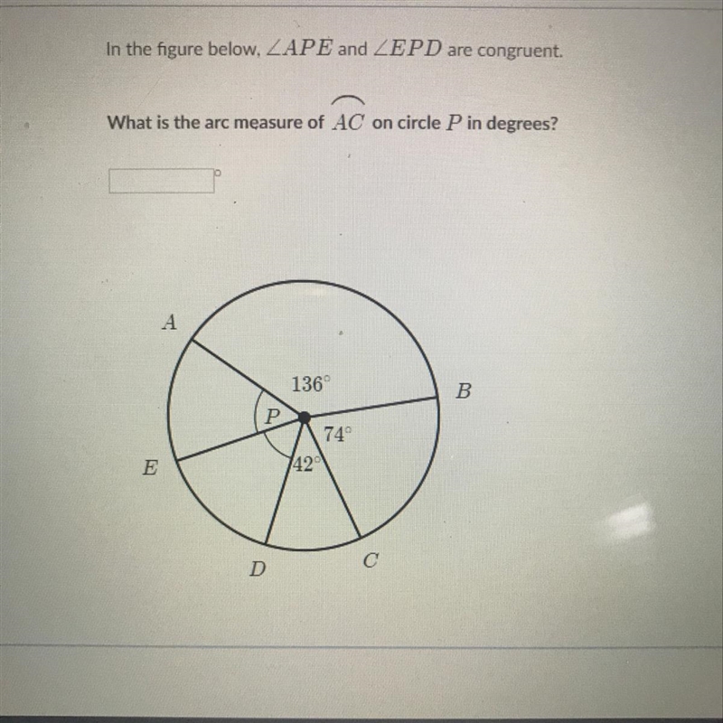 What is the arc measure of AC on circle P in degrees?-example-1