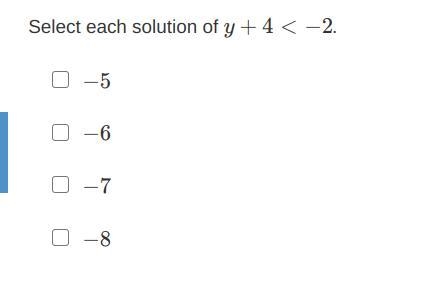 Select each solution of y+4<−2-example-1