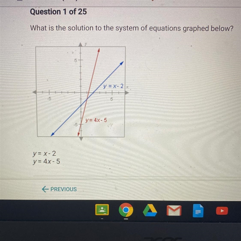 What is the solution to the system of equations graphed below? A.(0,-5) B.(0,-2) C-example-1