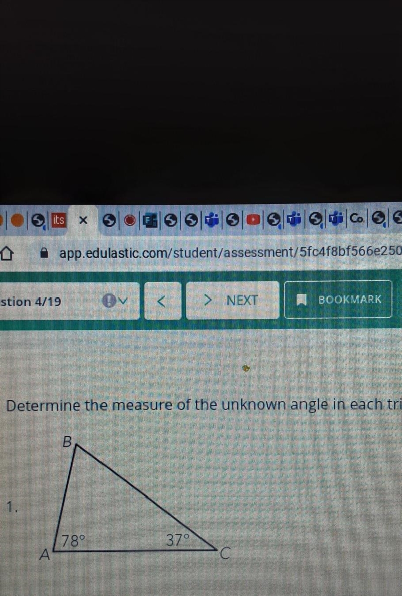 Determine the measure of the unknown angle in each triangle​-example-1