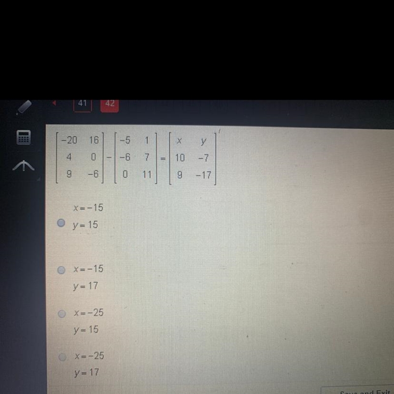 What are the values of x and y in the matrix subtraction below?-example-1