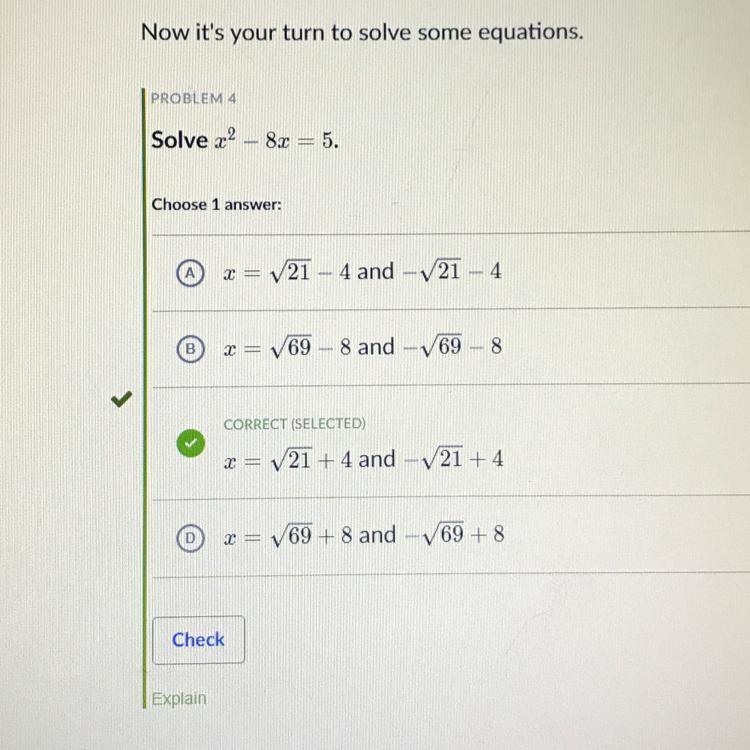 Problem 4 Solve x^2-8x=5-example-1