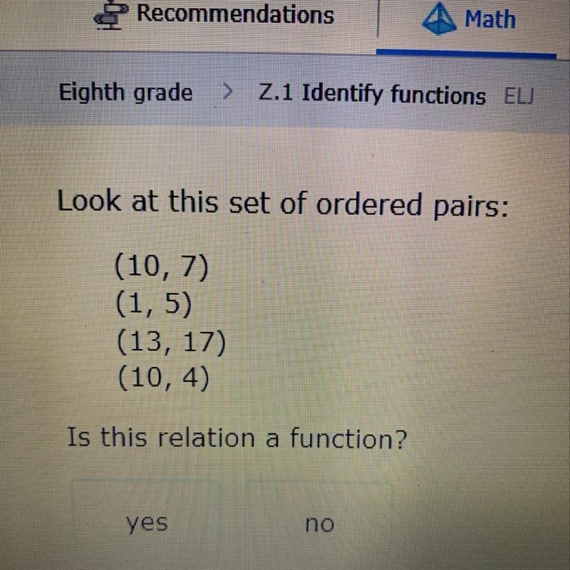 Is this a relation a function? Yes or no?-example-1