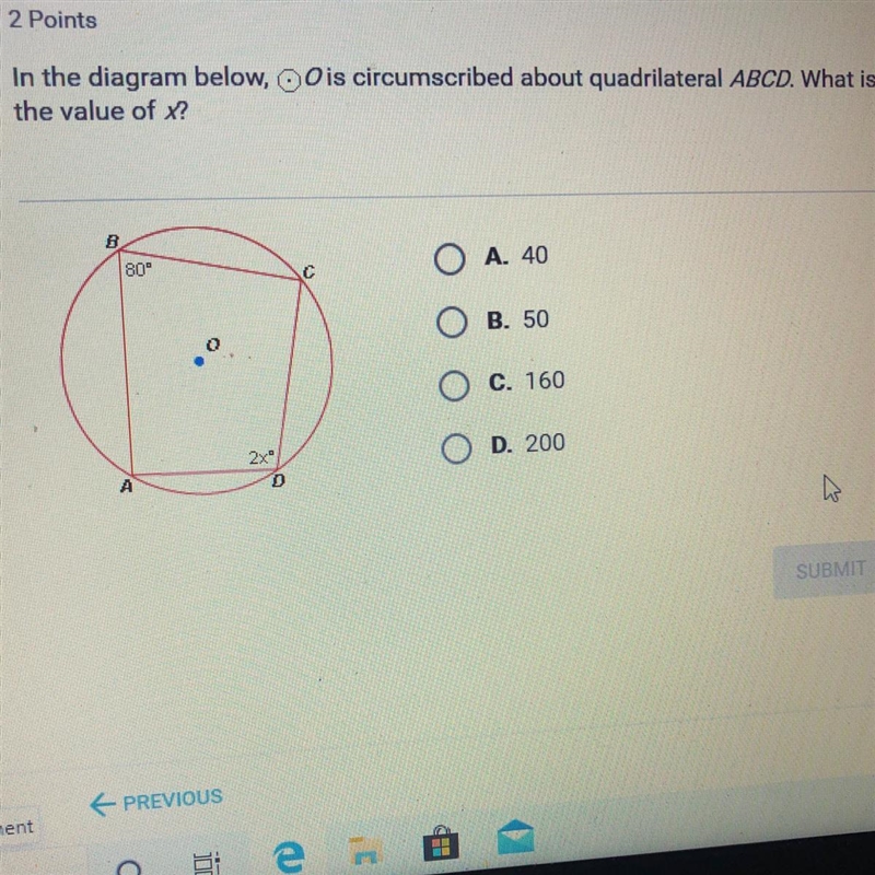 Ois circumscribed about quadrilateral ABCD. What is In the diagram below, the value-example-1