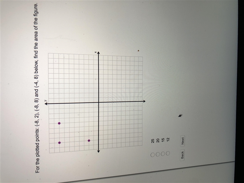 For the plotted points: (-8,2), (-8,5) and (-4,8) below, find the area of the figure-example-1