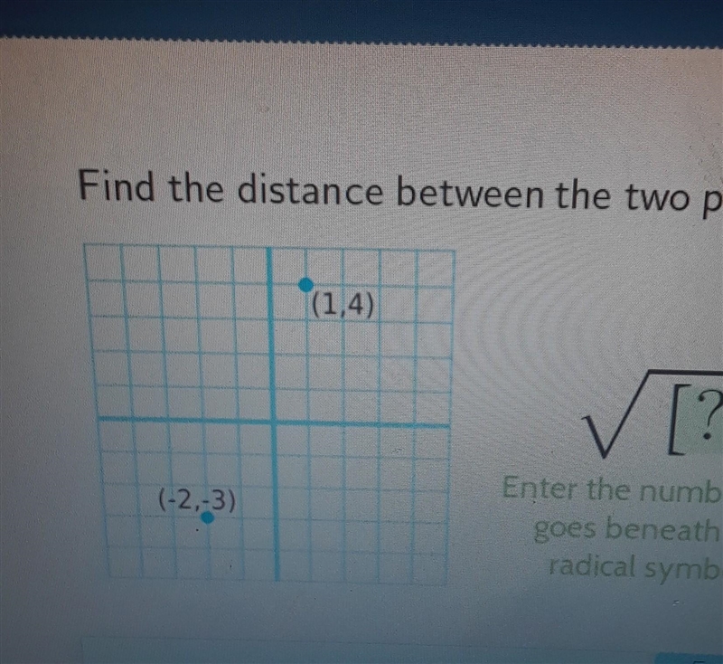 Find the distance between the two points. Enter the number that goes beneath the radical-example-1