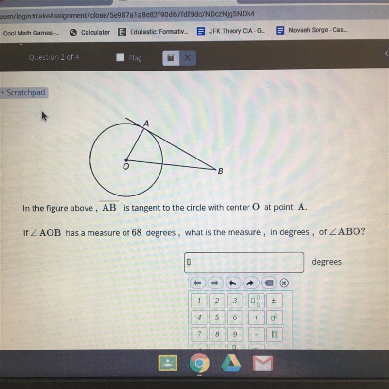 In the figure above, AB is tangent to the circle with center o at point A. If AOB-example-1