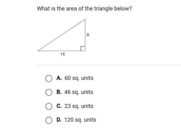 What is the area of the triangle given below? 8 by 15-example-1