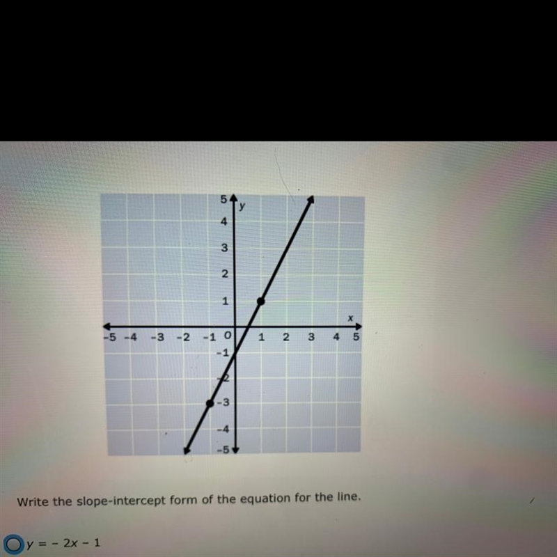 Write the slope-intercept form of the equation for the line. 1.) y=-2x-1 2.) y=1/2x-example-1