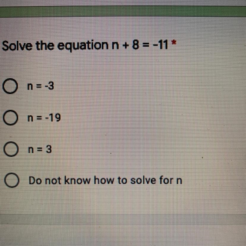 Solve the equation n + 8 = -11-example-1