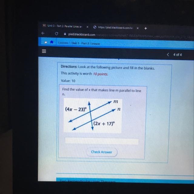 Find the value of x that makes line m parallel to line n. (4x - 23) n { (2x + 17)-example-1