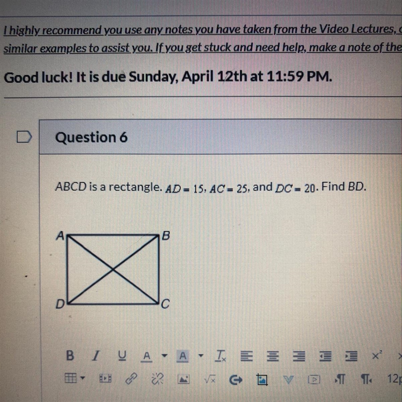 ABCD is a rectangle. AD = 15, AC = 25, and DC = 20. Find BD.-example-1