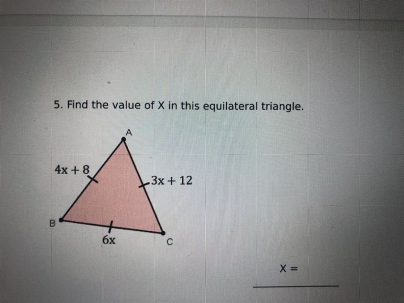 Find the value of X in this equilateral triangle.-example-1