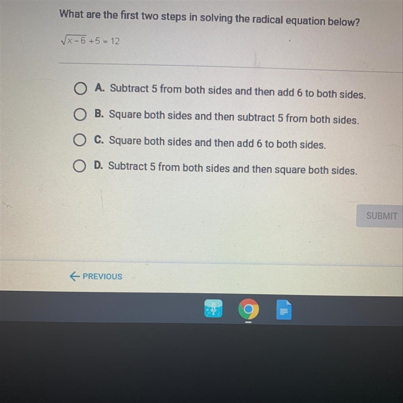 What are the first two steps in solving the radical equation below? please answer-example-1