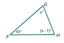 In Triangle F G H, what is the measure of Angle H? Triangle F G H. Angle F is 43 degrees-example-1