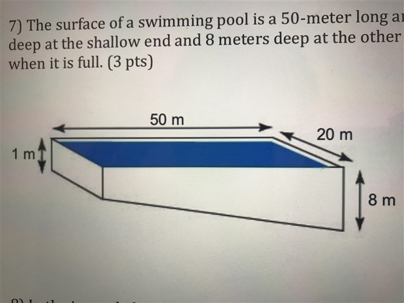 The surface of a swimming pool is 50-meter long and 20-meter wide rectangle. The pool-example-1