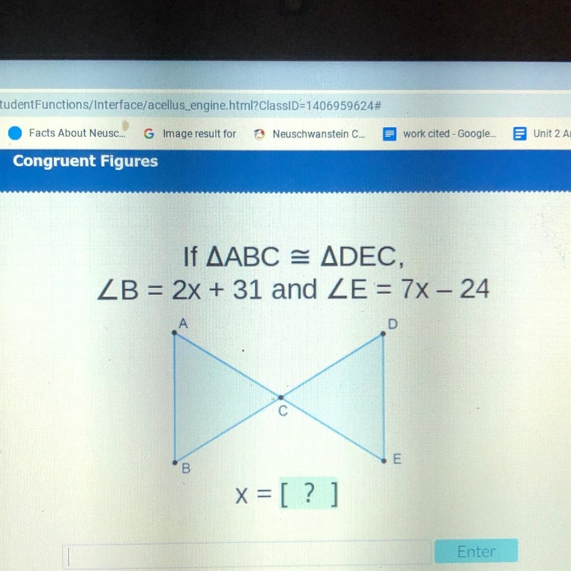 If abc=dec b=2x+31 and e=7x-24 x=?-example-1