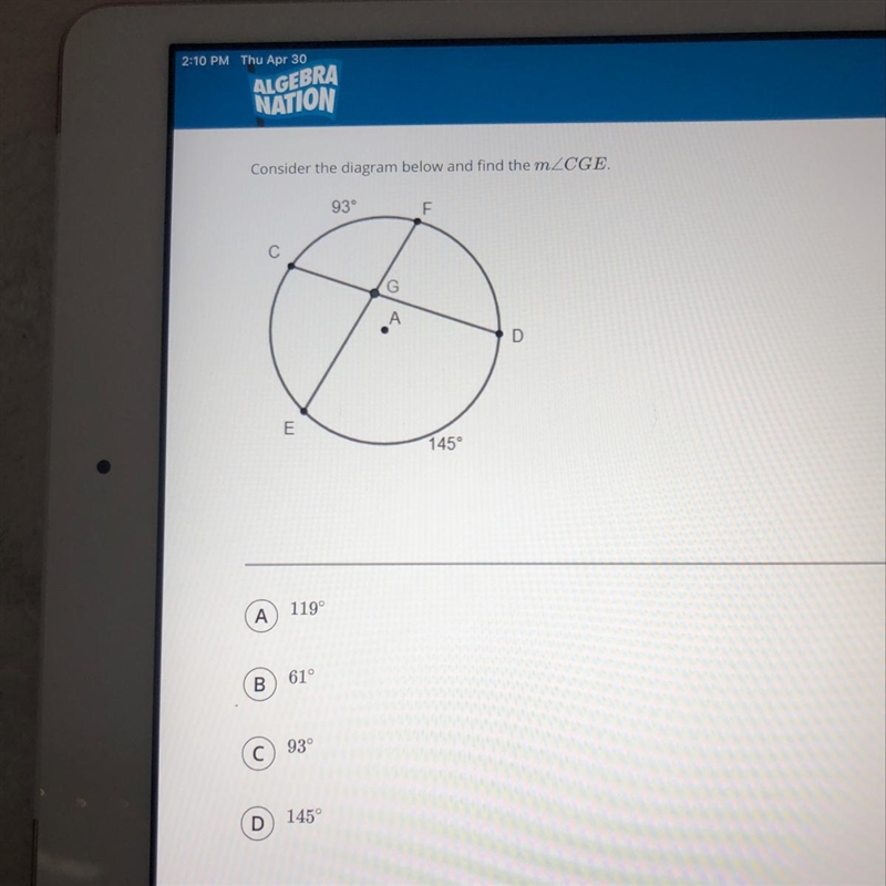 Consider the diagram below and find the measure of angle CGE-example-1