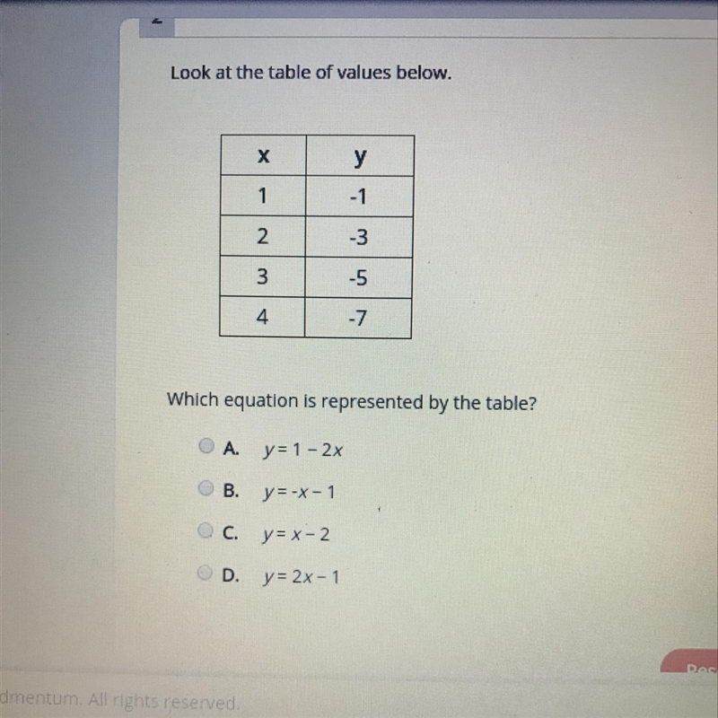 Look at the table of values below. X y 1 -1 2. -3 3 -5 4 -7 Which equation is represented-example-1