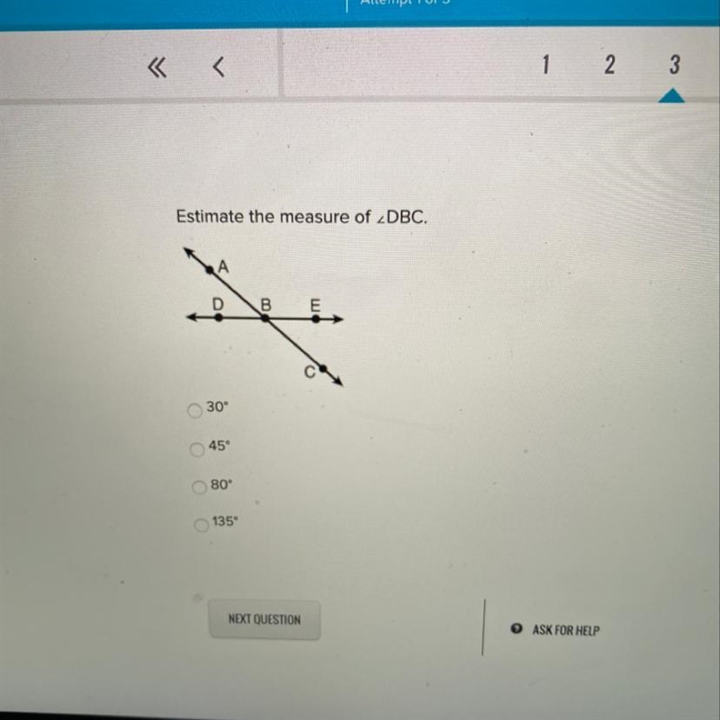 Estimate the measure of angle DBC. 30 45 80 135-example-1