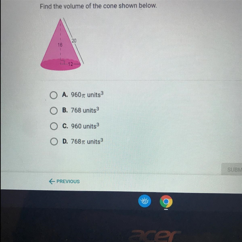 Find the volume of the cone shown below-example-1