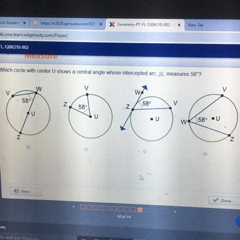 Which circle with center U shows a central angle whose intercepted arc, zv, measures-example-1