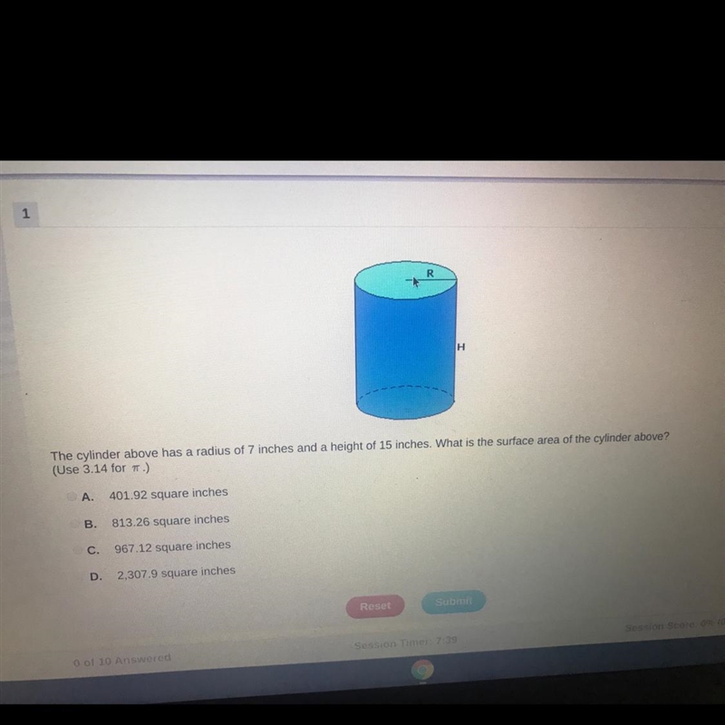 The cylinder above has a radius of 7 inches and a height of 15 inches. What is the-example-1