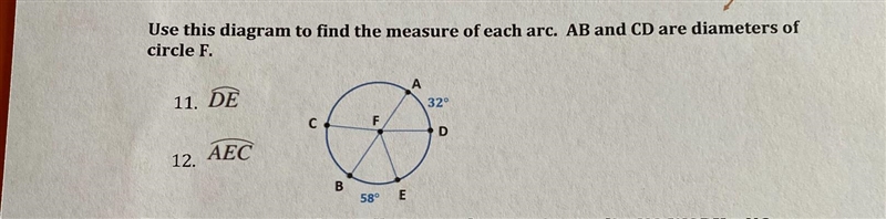 Use the diagram to find the measure of arc. AB and CD and the diameters of the circle-example-1