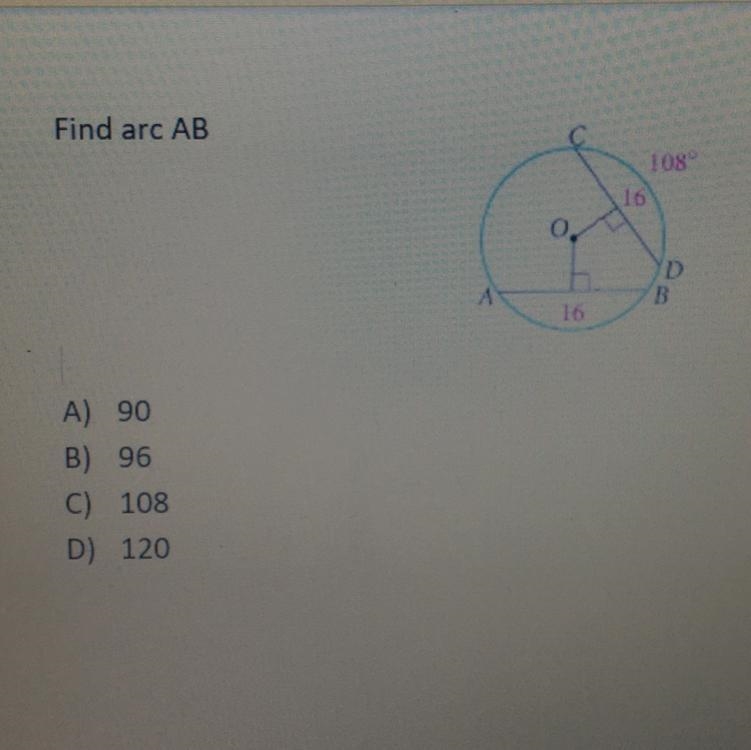 Find arc AB A) 90 B) 96 C)108 D) 120-example-1