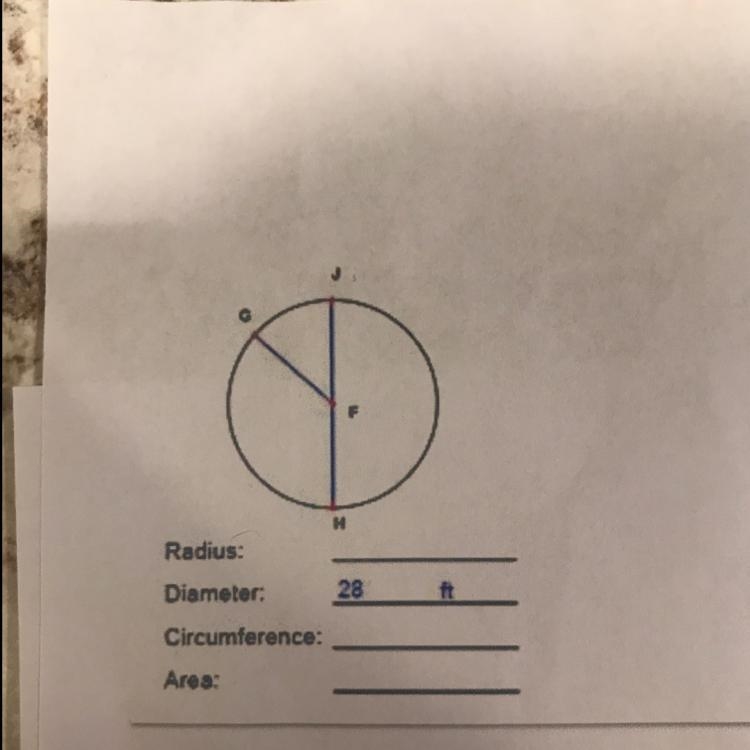 Radius: Diameter: 28 Circumference: Area: Please help!!!-example-1