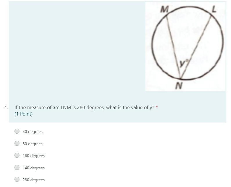 If the measure of arc LNM is 280 degrees, what is the value of y?-example-1