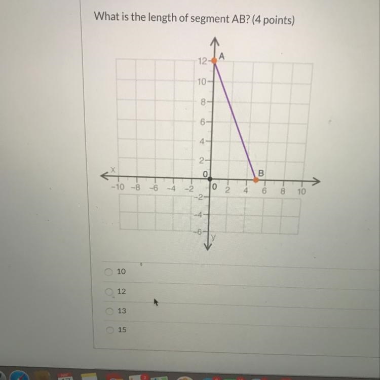 What is the length of segment AB? (4 points) 12. 10 8 6 2 0 В -10 -8 -6 2 0 2 4 6 8 10 -6 10 12 ОООО-example-1