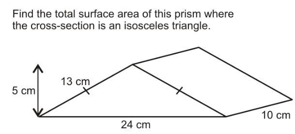 Find the total surface area of this prism where the cross-section is an isosceles-example-1