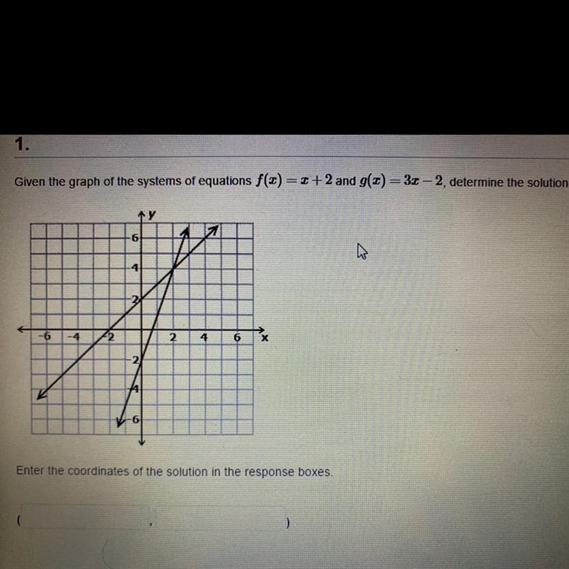 Given the graph of the systems of equations f(2)=2+2 and 9(2) = 3x - 2. determine-example-1