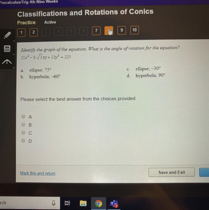 Identify the graph of the equation. What is the angle of rotation for the equation-example-1