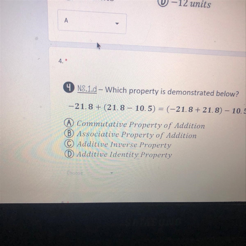 Which property is demonstrated below? -21.8 + (21.8 – 10.5) = (-21.8 + 21.8) – 10.5-example-1