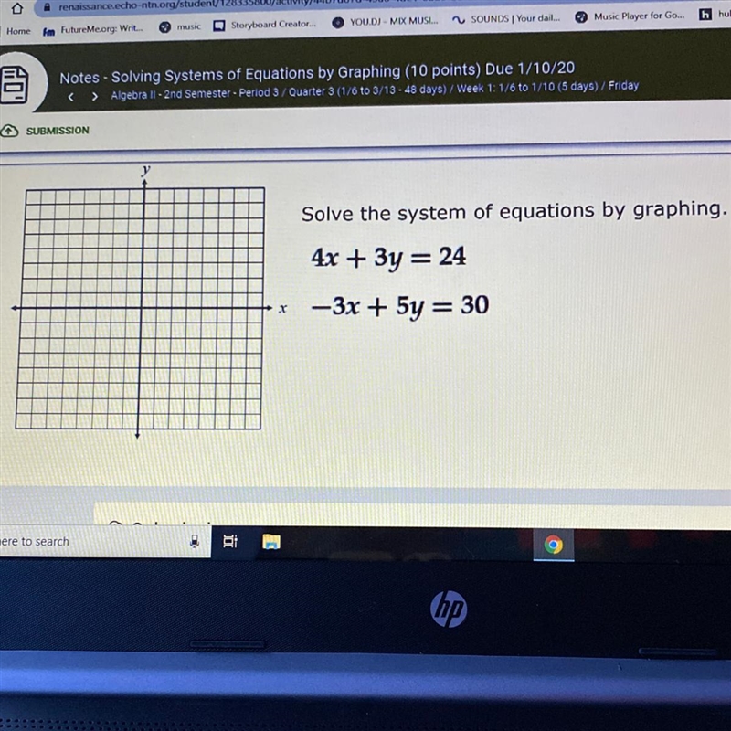 Solve the system of equations by graphing. 4x + 3y = 24 -3x + 5y = 30-example-1