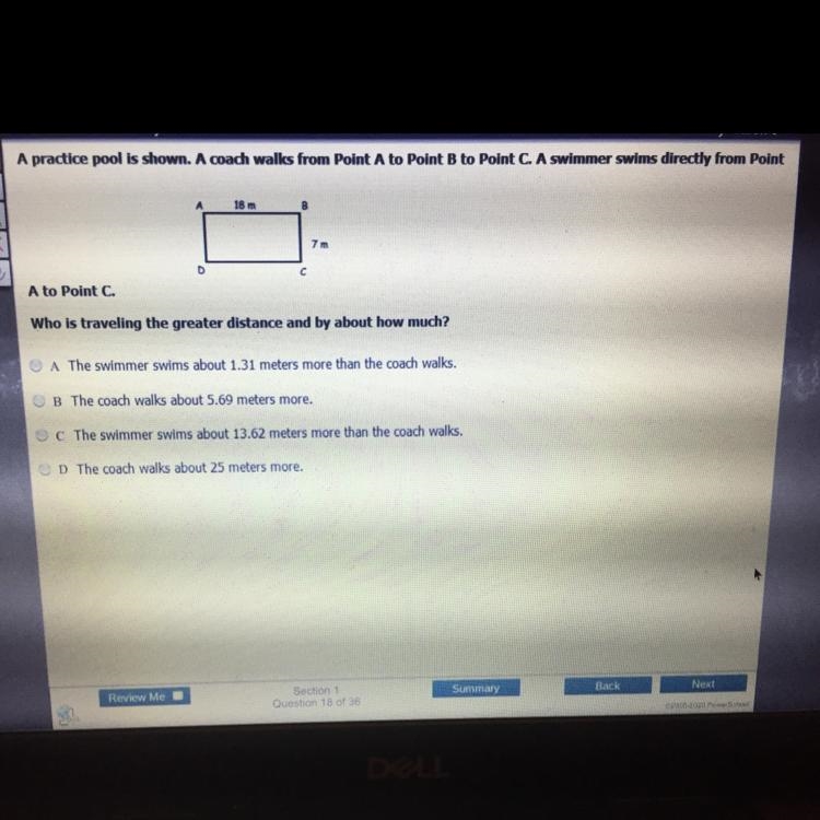 A practice pool is shown. A coach walks from point A to point B to Point C. A swimmer-example-1