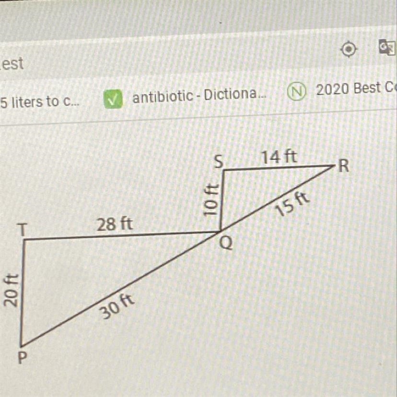 Determine if the triangles, APQT and AQRS, are similar. If so, identify the similarity-example-1