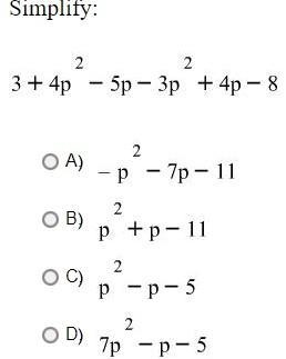 Simplify: 3+4p^2-5p-3p^2+4p-8-example-1