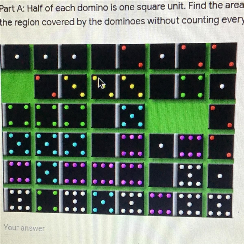 Part A: Half of each domino is one square unit. Find the area, in square units, of-example-1