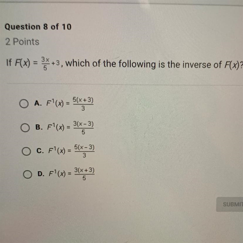 If F(x) = 3x/5+3, which of the following is the inverse of F(x)?-example-1