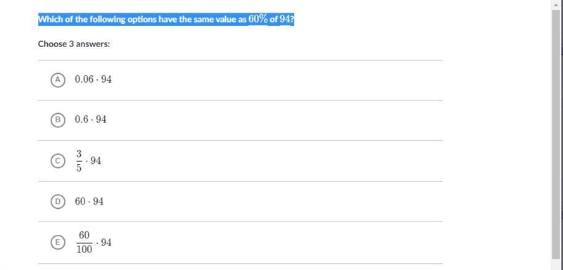 Which of the following options have the same value as 60% of 94?-example-1