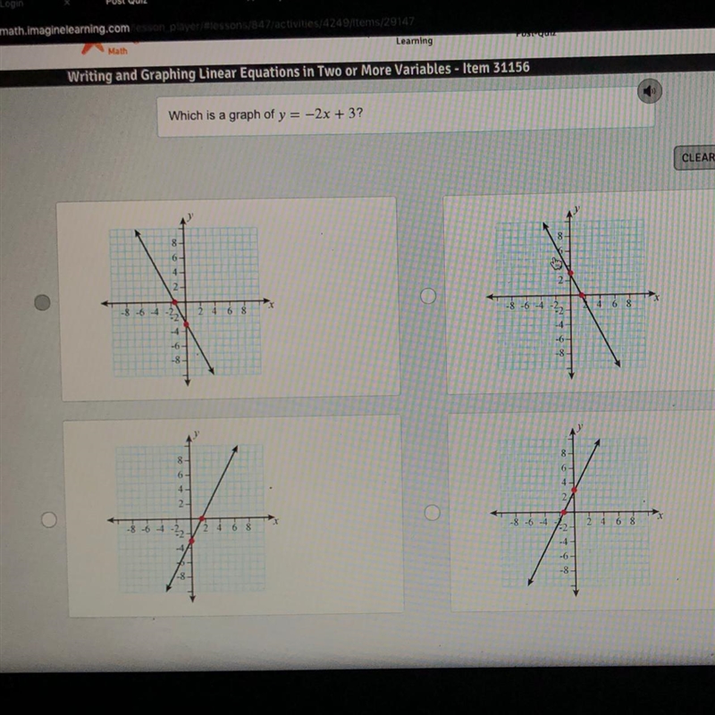 Which is a graph of y = -2x + 3? Need help ASAP-example-1