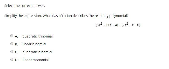 Simplify the expression. What classification describes the resulting polynomial?-example-1