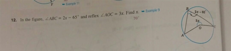 In the figure, angle ABC = 2x-65° and reflex angle AOC = 3x. Find x.​-example-1