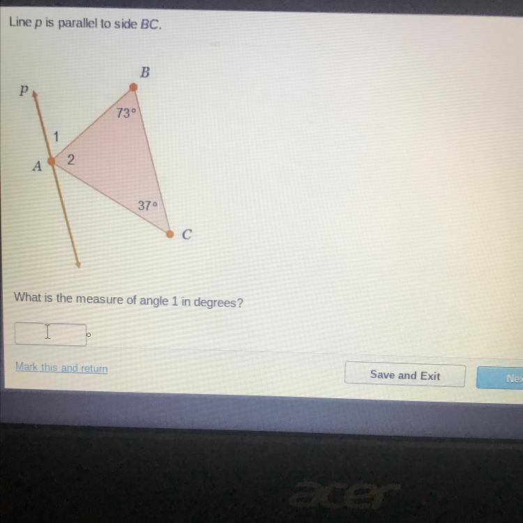 Line p is parallel to side BC What is the measure of angle 1 in degrees?-example-1