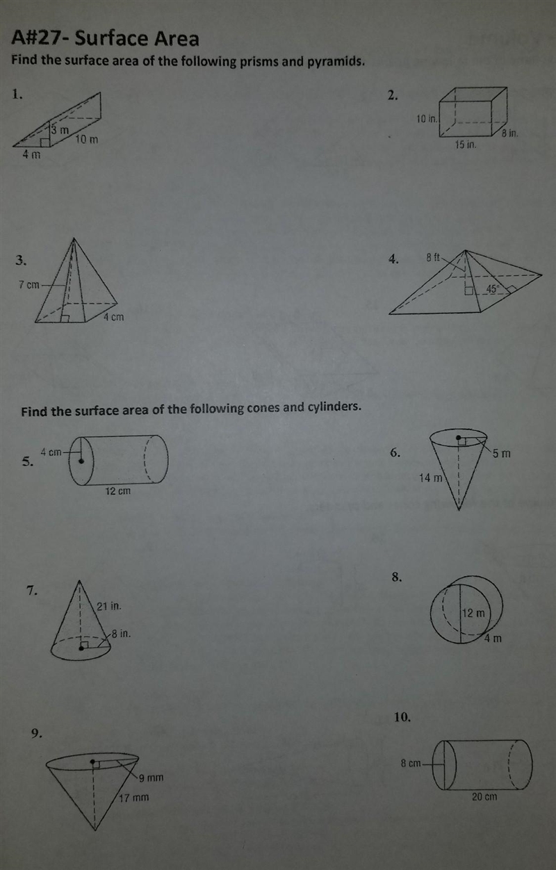 A#27 - Surface Area Find the surface area of the following prisms and pyramids. 13 m-example-1